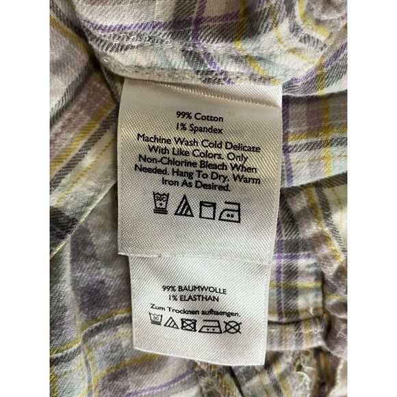 Eddie Bauer Plaid Ruffle Blouse Size L - Green Gray Cotton Roll Tab Sleeves - Picture 7 of 9